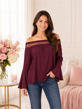 Rock & Republic Wine Off Shoulder Bell Sleeve Boho Blouse Romantic Top NWT XS M